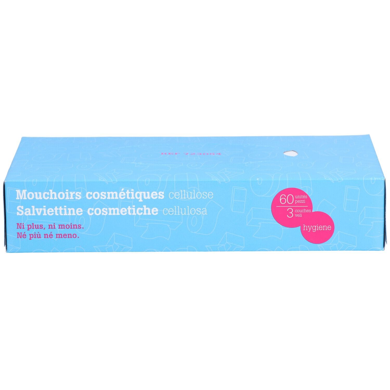 Blaue Kartonverpackung. Text: Mouchoirs cosmétiques, Salviettine cosmetiche, 60 Tücher, 3-lagig, Hygiene.