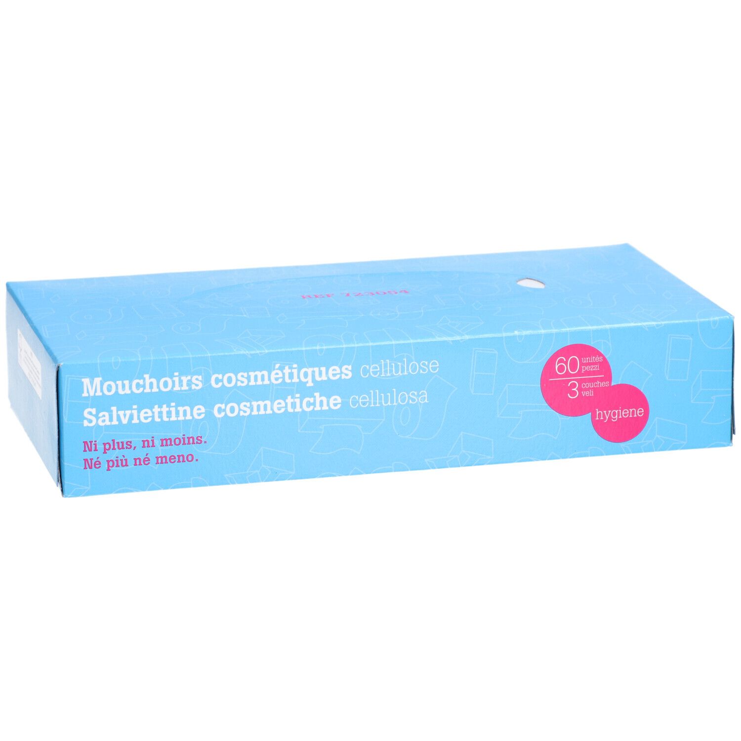 Blaue Kartonverpackung. Text: Mouchoirs cosmétiques, Salviettine cosmetiche, 60 Tücher, 3-lagig, Hygiene.