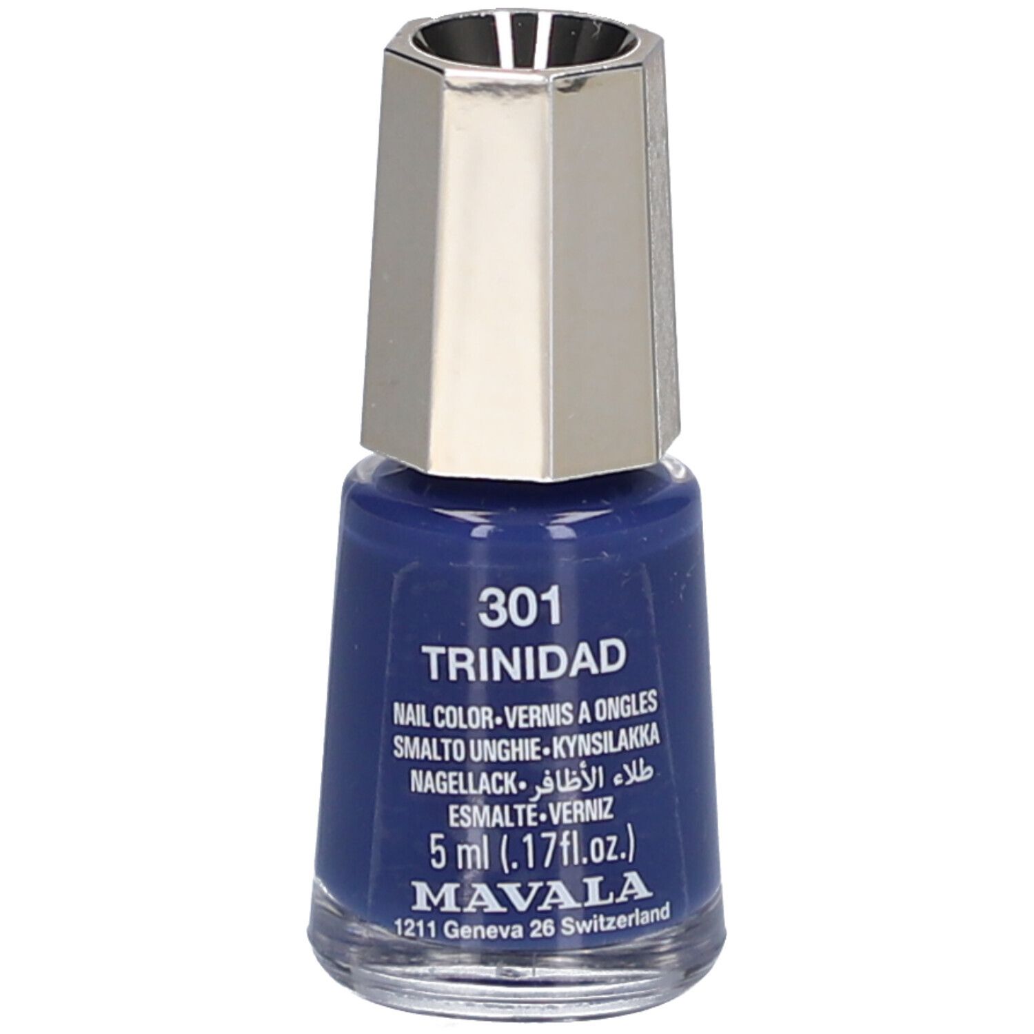 Nagellackflasche, blau, mit silberfarbenem Deckel. Aufschrift: 301 Trinidad, Nail Color, 5 ml, Mavala.