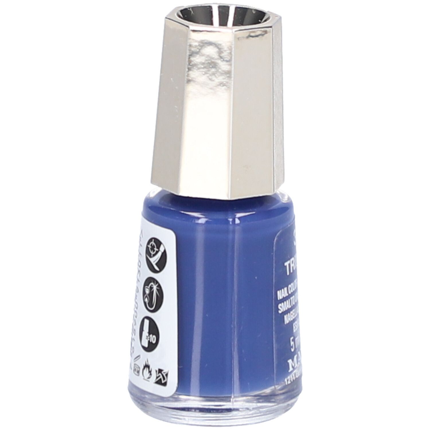 Nagellackflasche, blau, mit silberfarbenem Deckel. Auf der Seite Symbole und Text.