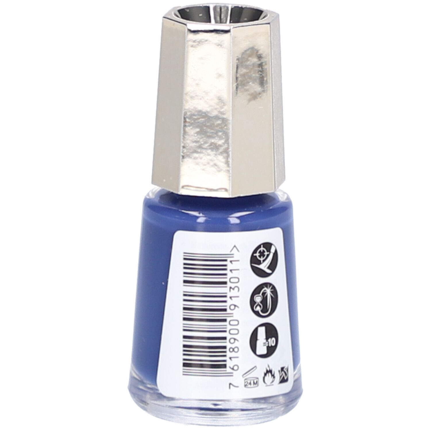 Nagellackflasche, blau, mit silberfarbenem Deckel. Auf der Seite Barcode und Symbole.