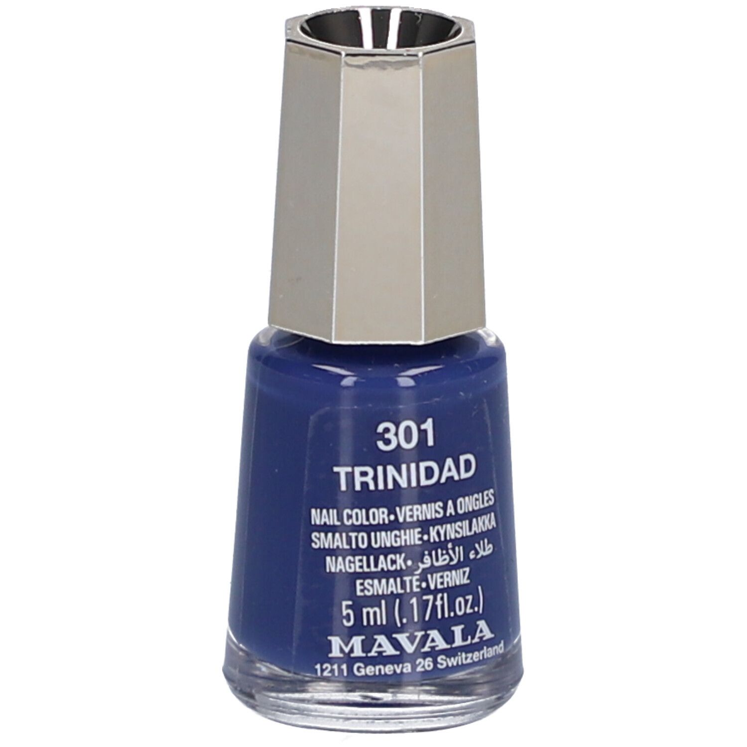 Nagellackflasche, blau, mit silberfarbenem Deckel. Aufschrift: 301 Trinidad, Nail Color, 5 ml, Mavala.