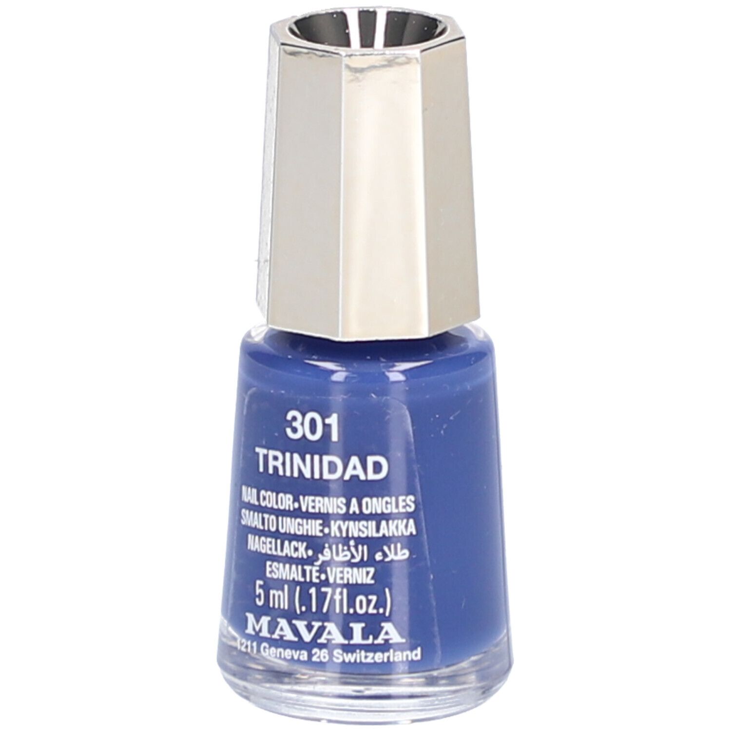 Nagellackflasche, blau, mit silberfarbenem Deckel. Aufschrift: 301 Trinidad, Nail Color, 5 ml, Mavala.