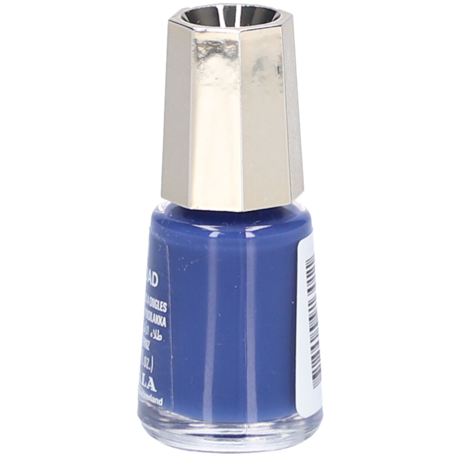 Nagellackflasche, blau, mit silberfarbenem Deckel. Aufschrift: Mavala.