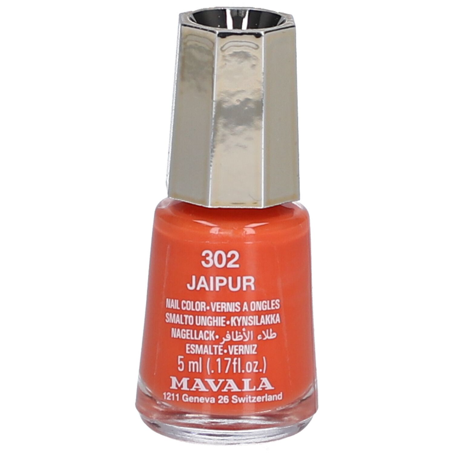 Nagellackflasche, orange, mit silberfarbenem Deckel. Aufschrift: 302 Jaipur, Nagellack, 5 ml, Mavala.