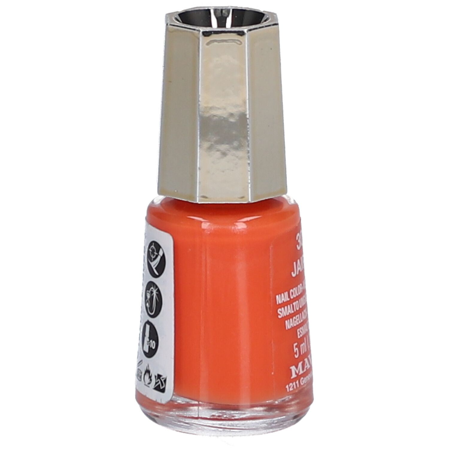 Nagellackflasche, orange, mit silberfarbenem Deckel. Auf der Seite Symbole und Text.