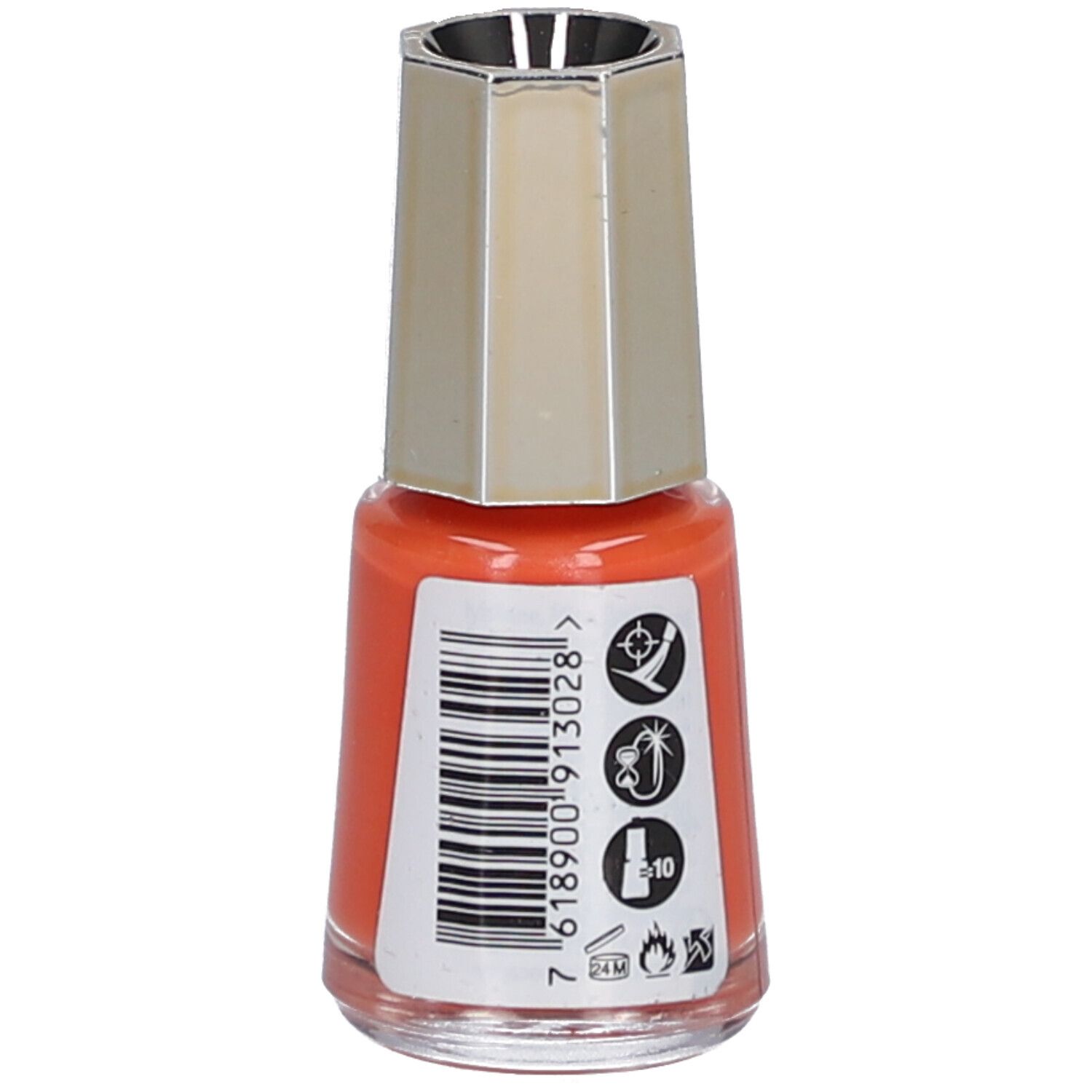 Nagellackflasche, orange, mit silberfarbenem Deckel. Rückseite mit Barcode und Symbolen.