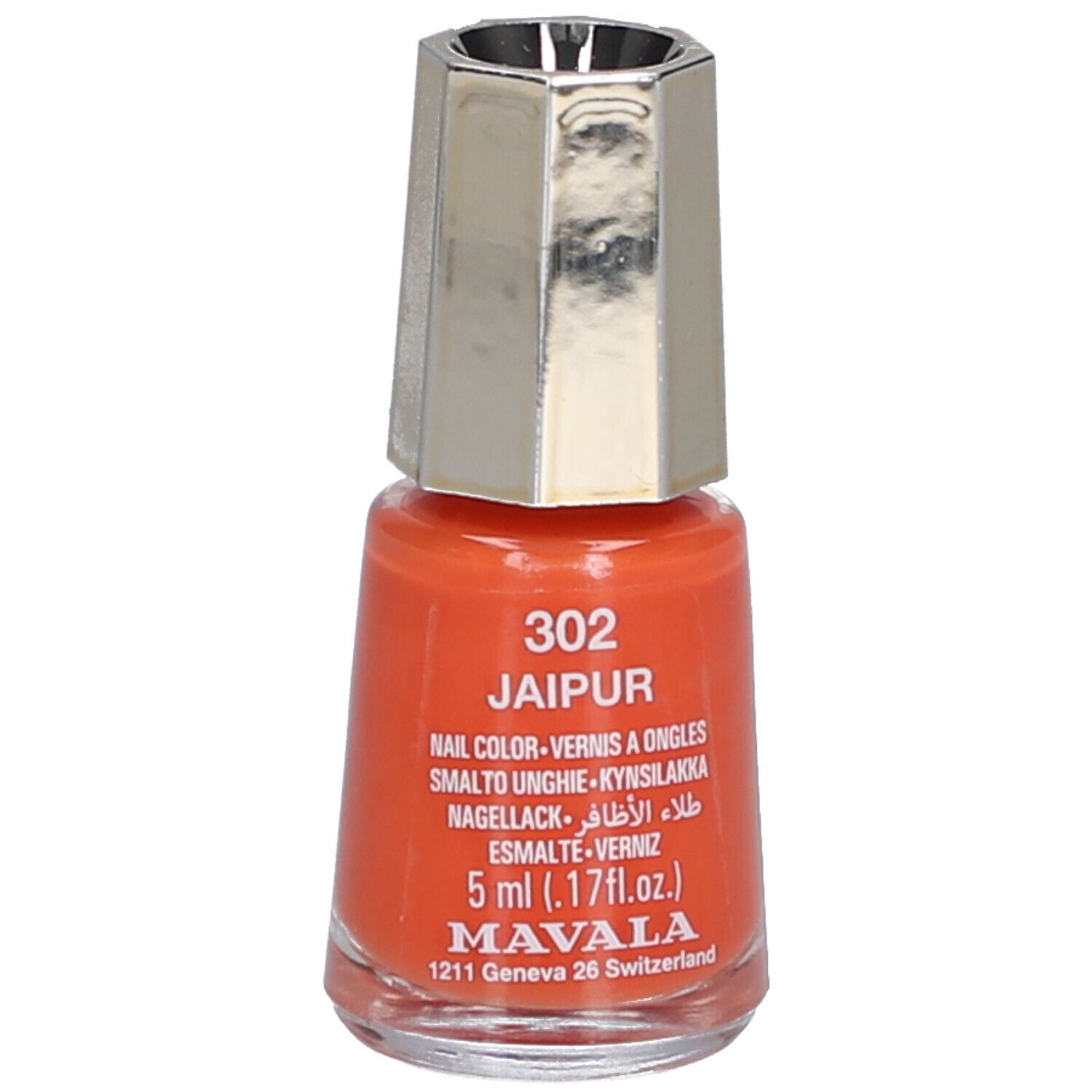 Nagellackflasche, orange, mit silberfarbenem Deckel. Aufschrift: 302 Jaipur, Nagellack, 5 ml, Mavala.