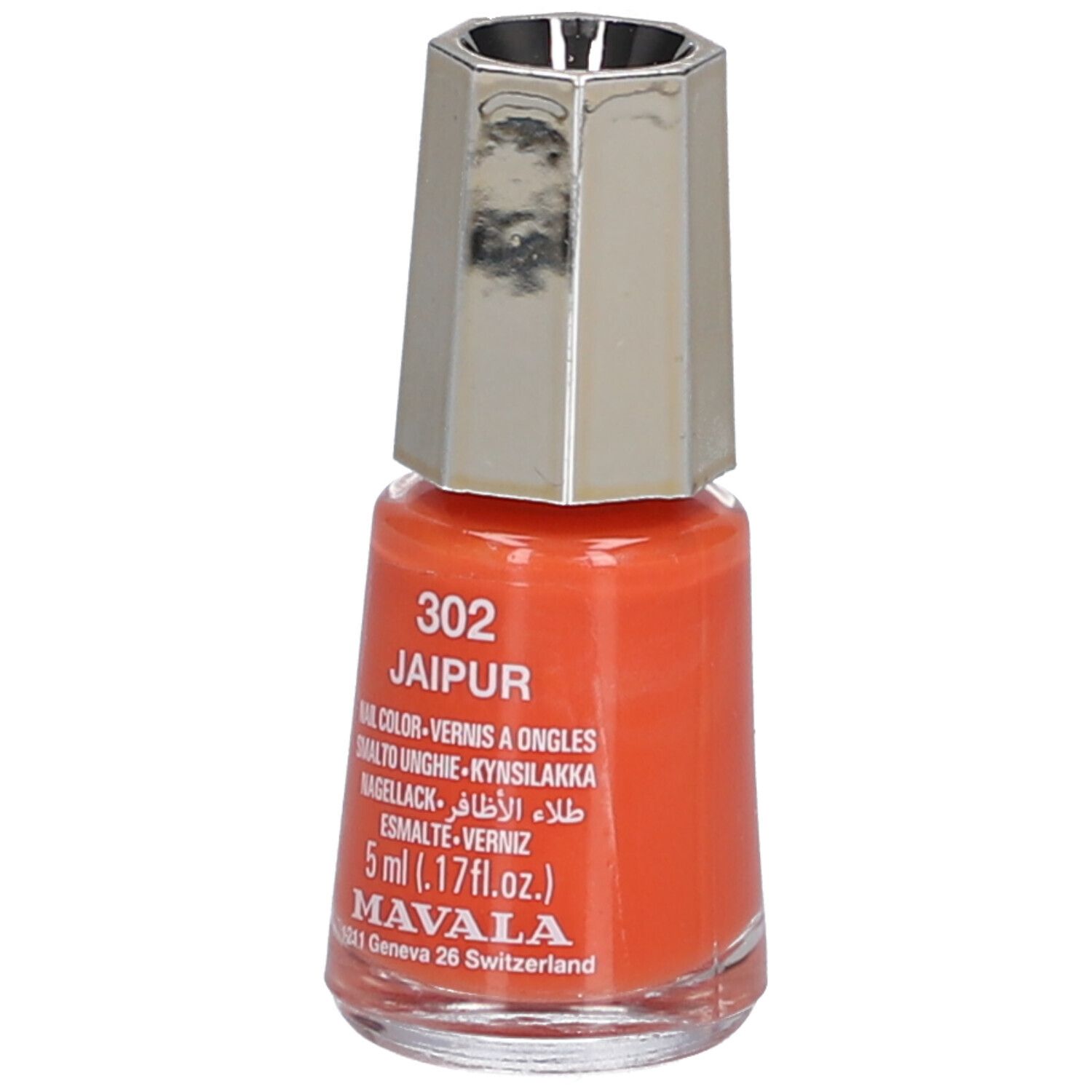 Nagellackflasche, orange, mit silberfarbenem Deckel. Aufschrift: 302 Jaipur, Nagellack, 5 ml, Mavala.