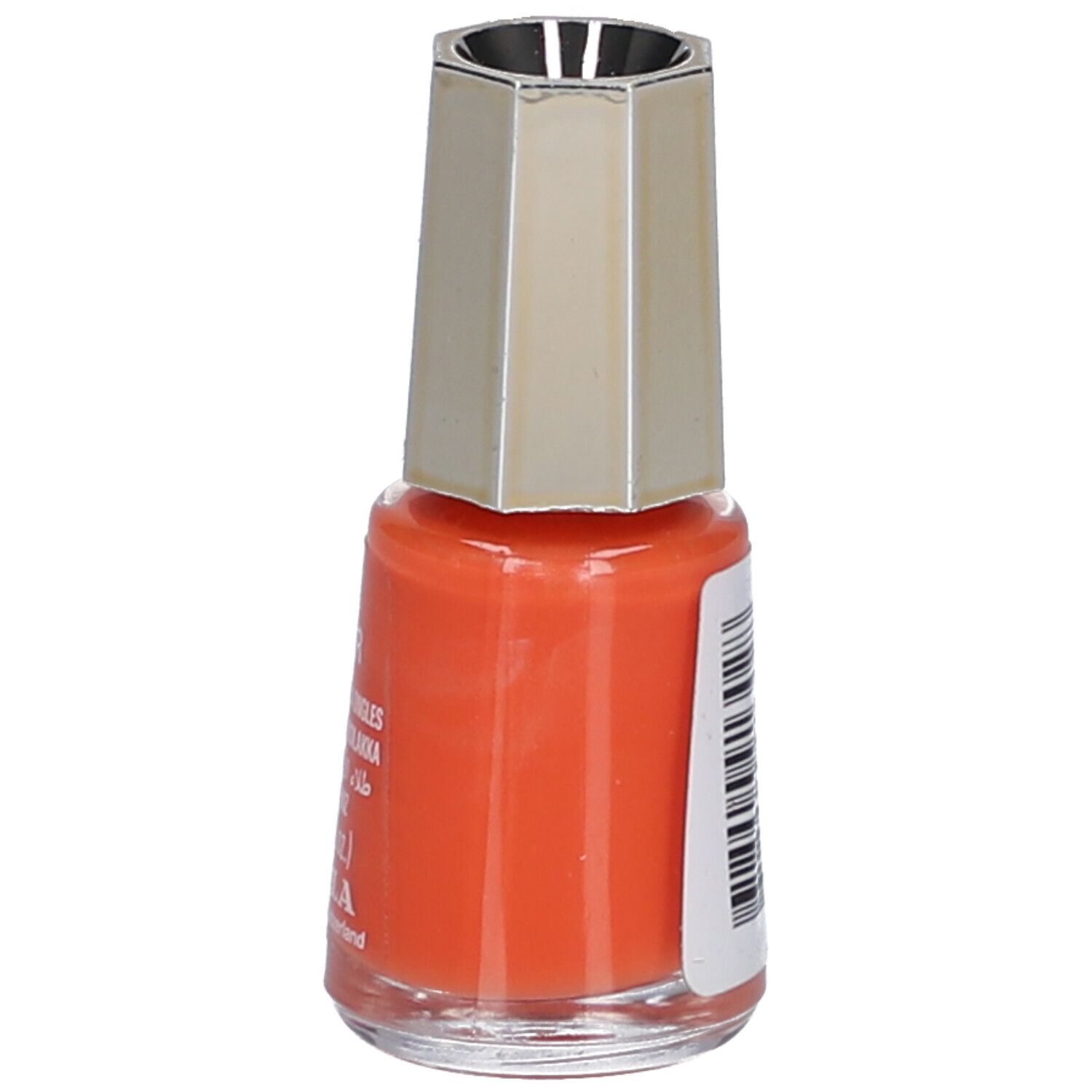 Nagellackflasche, orange, mit silberfarbenem Deckel. Auf der Seite Text.