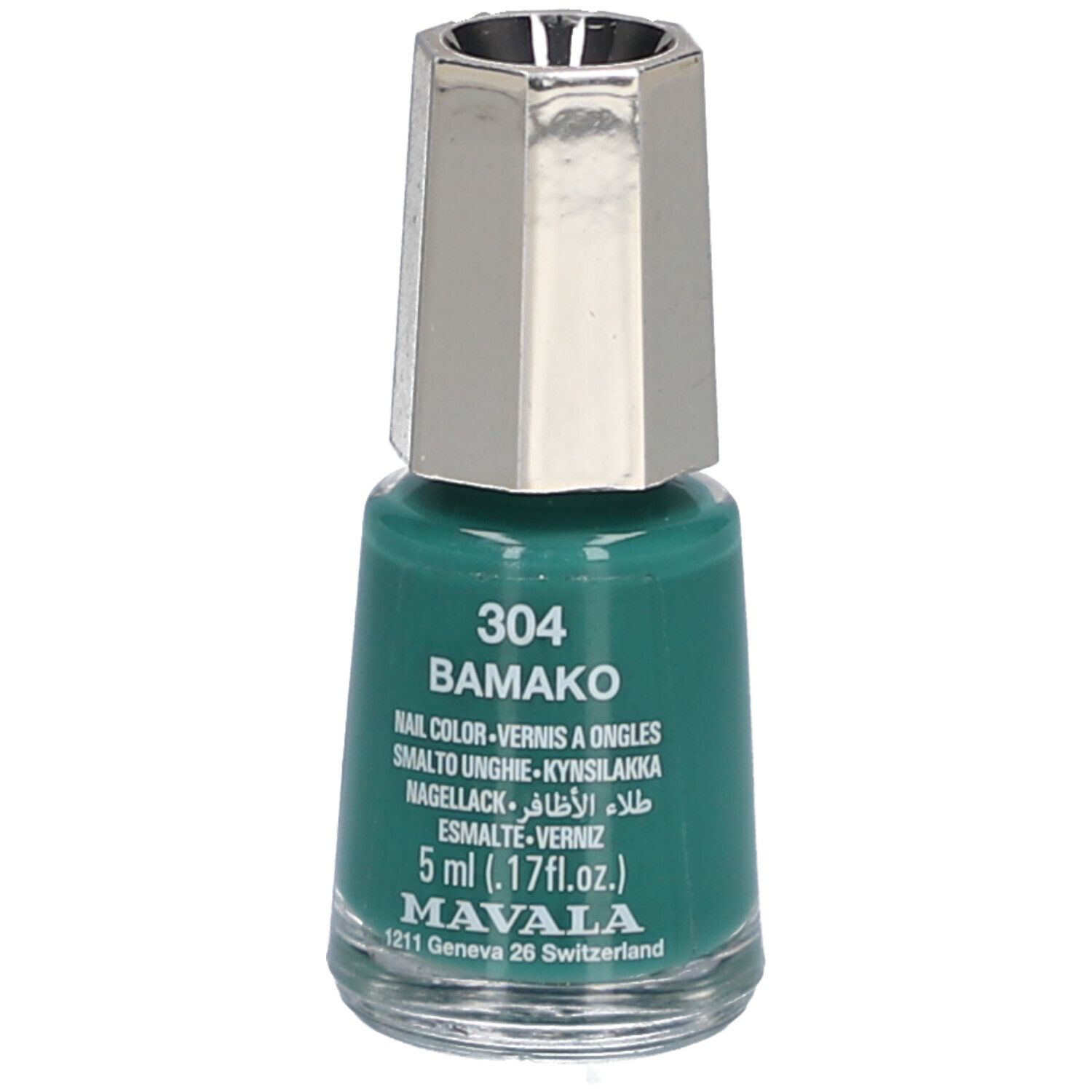 Grüner Nagellackflakon mit silberfarbenem Deckel. Aufschrift: 304 BAMAKO, Nagellack, 5 ml, MAVALA.