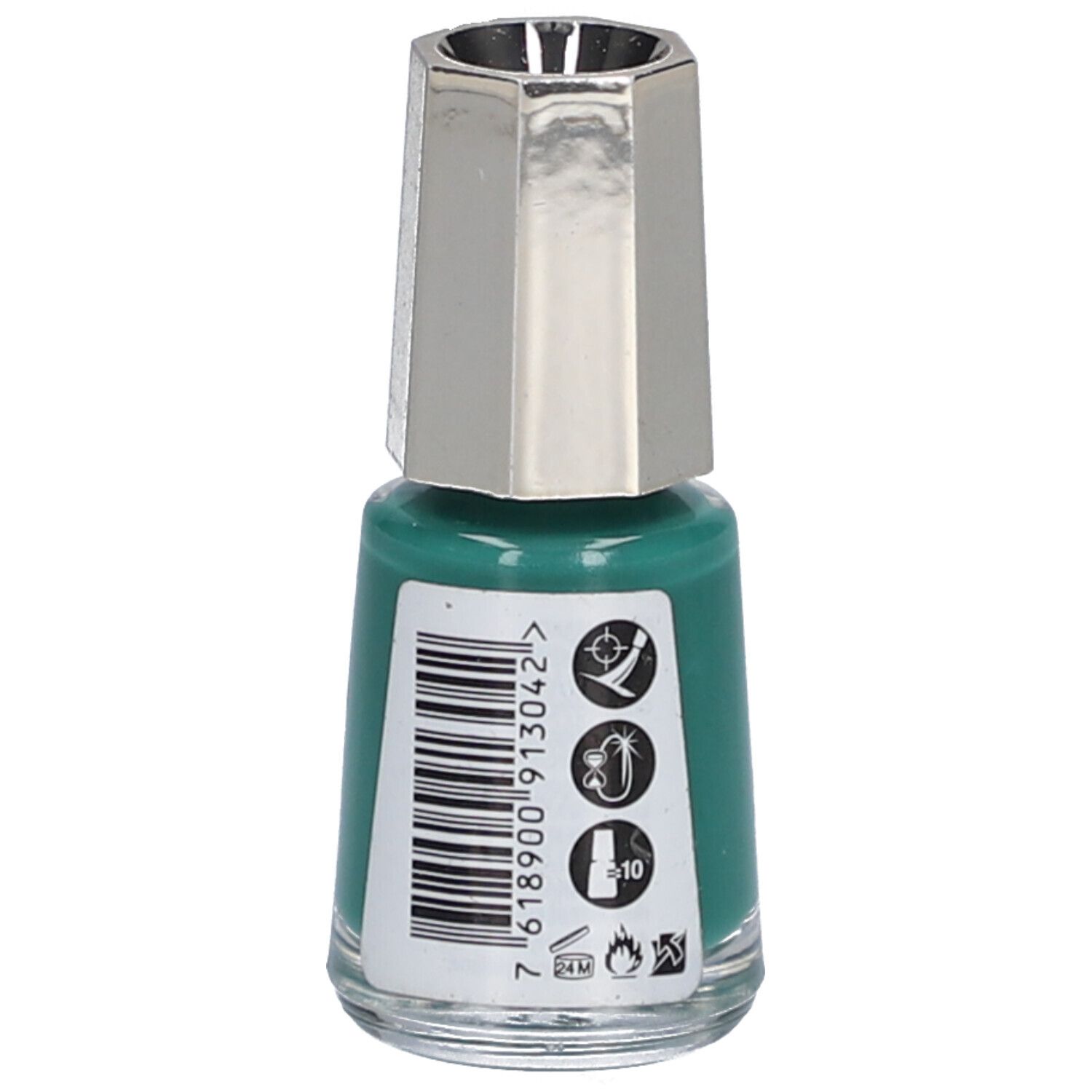 Rückseite eines grünen Nagellackflakons mit silberfarbenem Deckel. Barcode und Symbole.