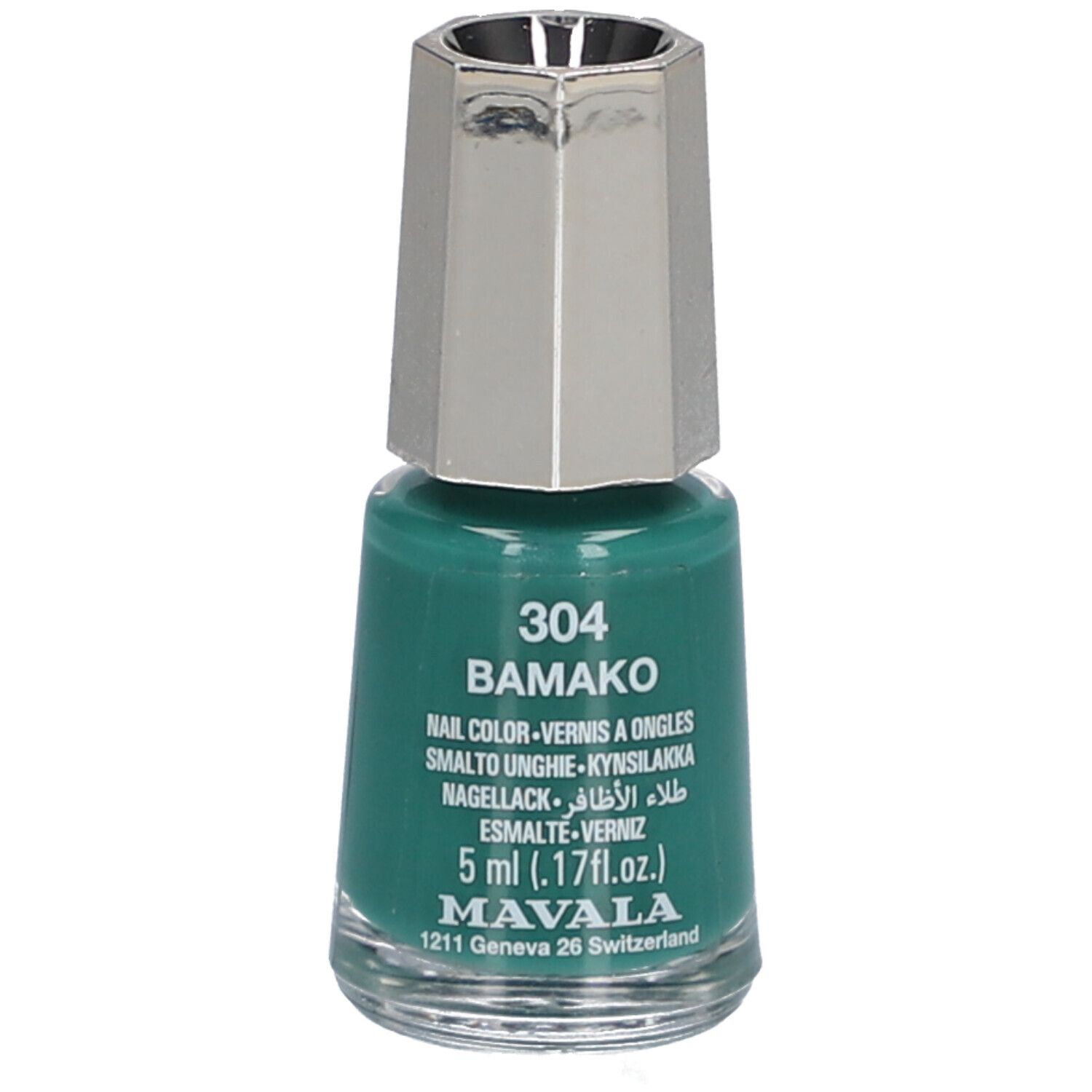 Grüner Nagellackflakon mit silberfarbenem Deckel. Aufschrift: 304 BAMAKO, Nagellack, 5 ml, MAVALA.