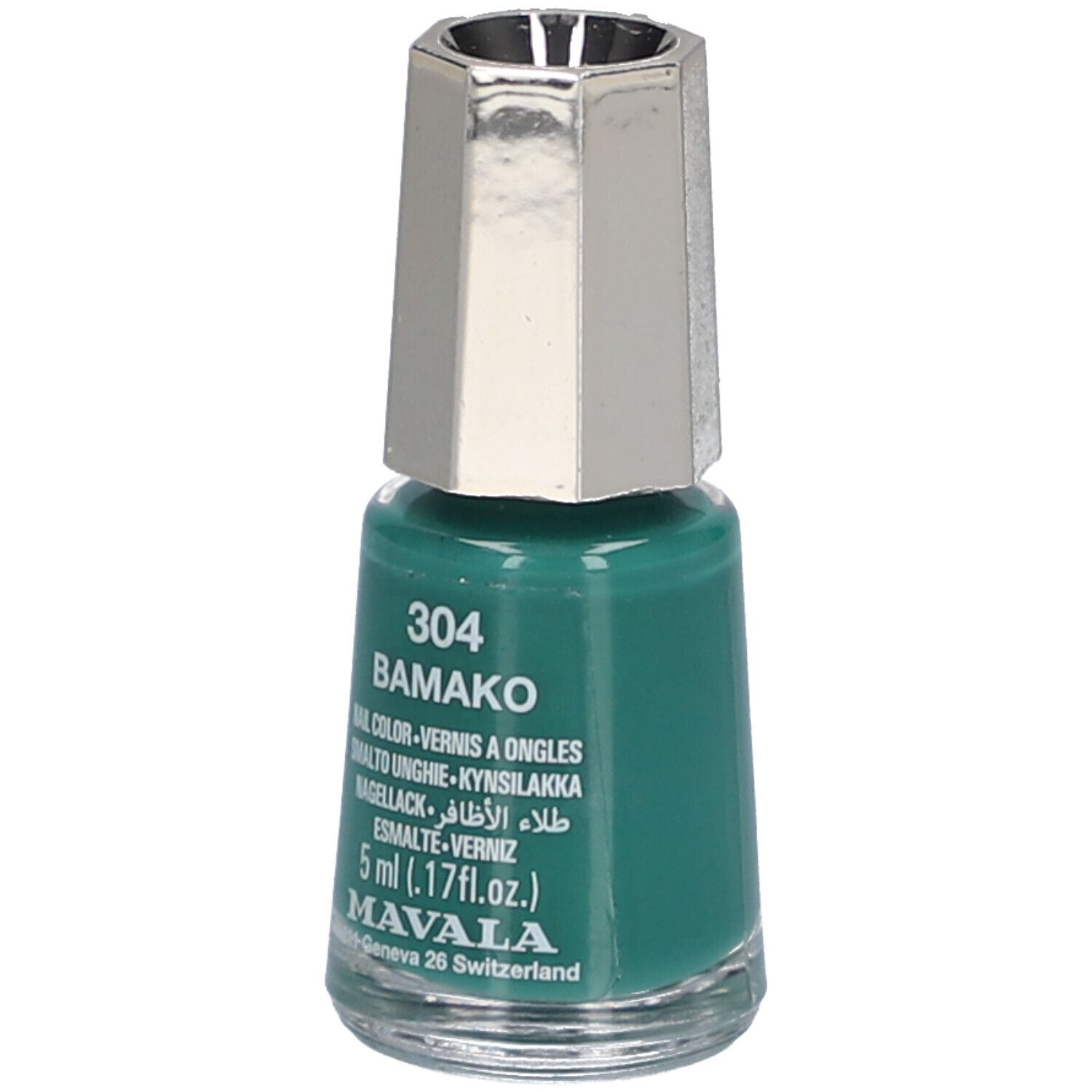 Grüner Nagellackflakon mit silberfarbenem Deckel. Aufschrift: 304 BAMAKO, Nagellack, 5 ml, MAVALA.