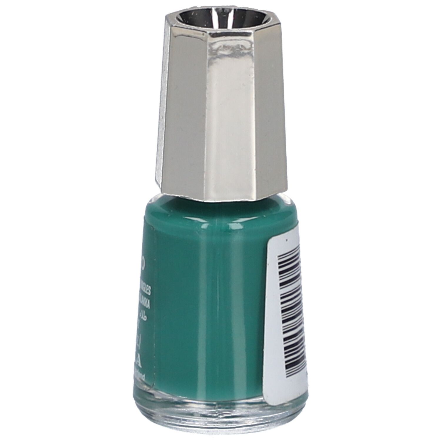 Rückseite eines grünen Nagellackflakons mit silberfarbenem Deckel. Barcode.