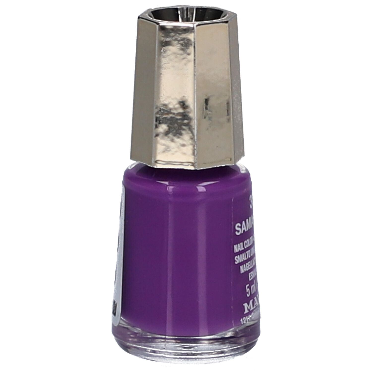 Violette Nagellackflasche mit silberfarbenem Deckel. Seitliche Ansicht. Aufschrift teilweise sichtbar.