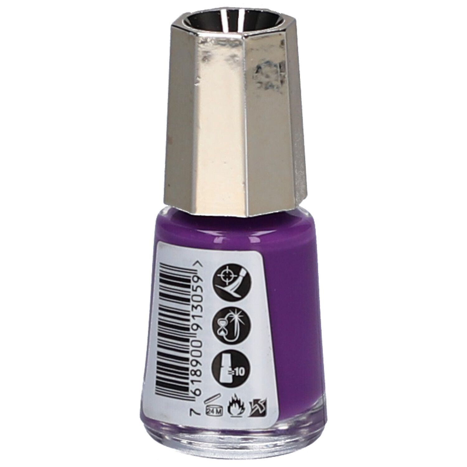 Rückseite einer violetten Nagellackflasche mit silberfarbenem Deckel. Barcode und Piktogramme.