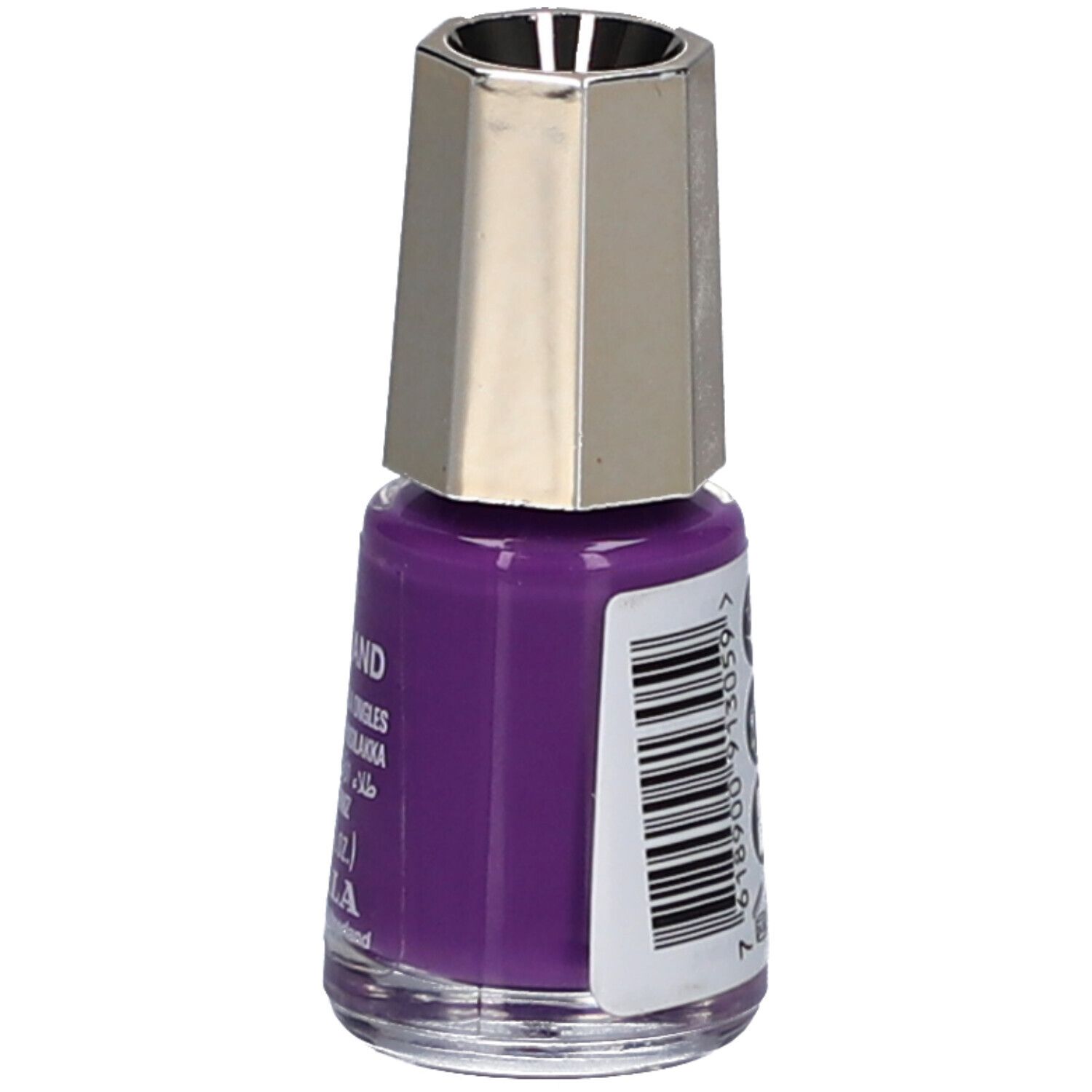 Violett Nagellackflasche mit silberfarbenem Deckel. Aufschrift: 305 SAMARKAND, Nagellack, 5 ml, MAVALA.