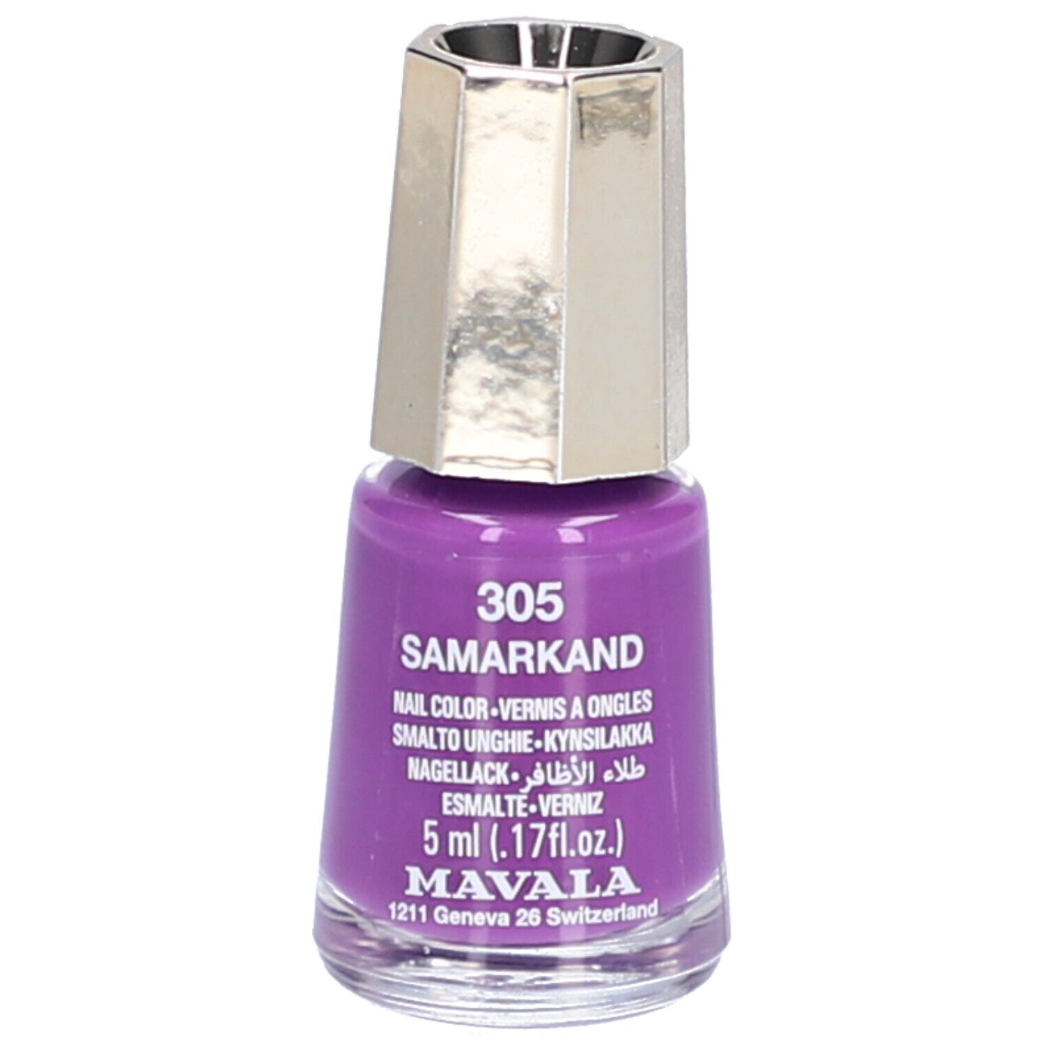 Violett Nagellackflasche mit silberfarbenem Deckel. Aufschrift: 305 SAMARKAND, Nagellack, 5 ml, MAVALA.