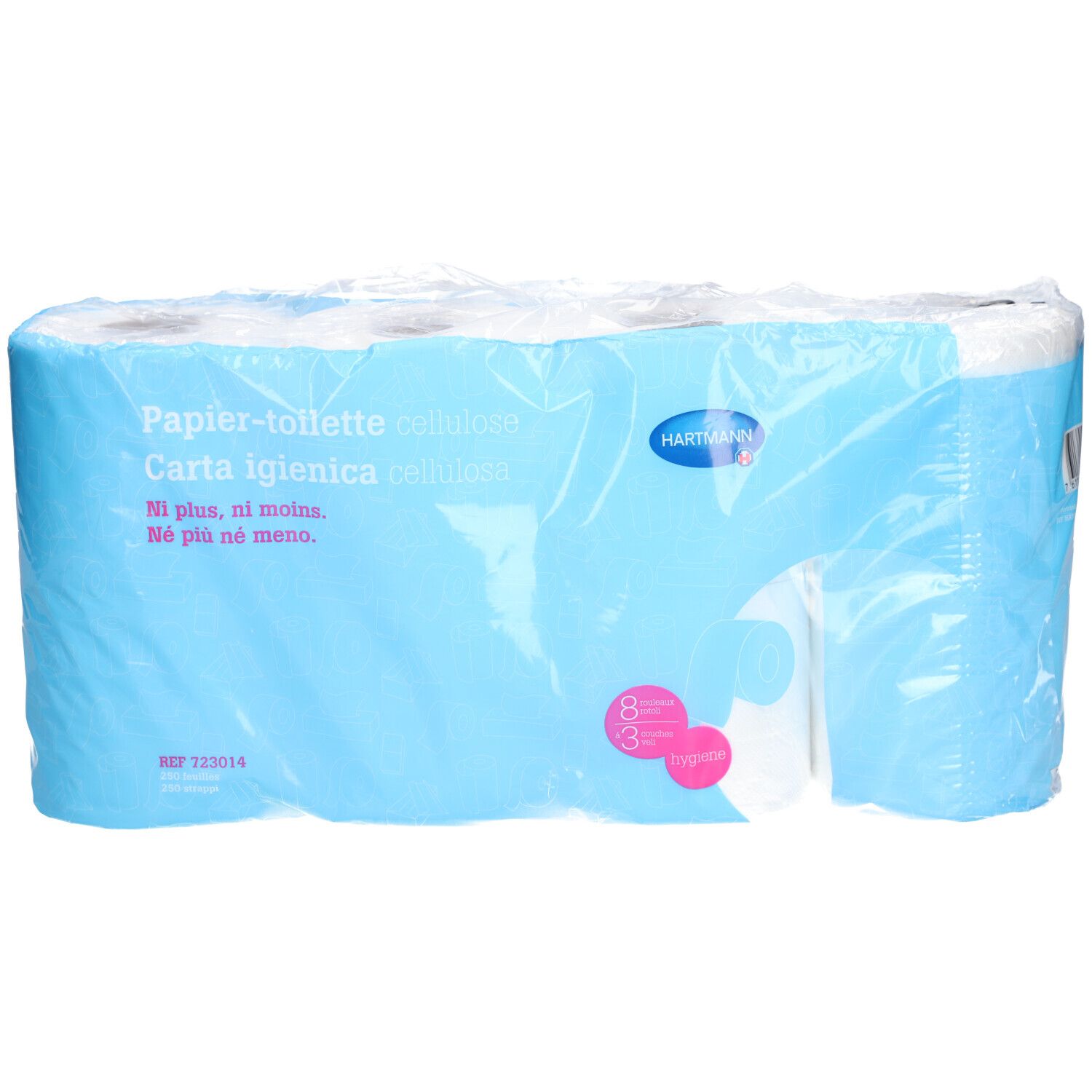 Blau verpackte Toilettenpapier-Packung. Sichtbar: Schriftzug, Hartmann-Logo, 8 Rollen.