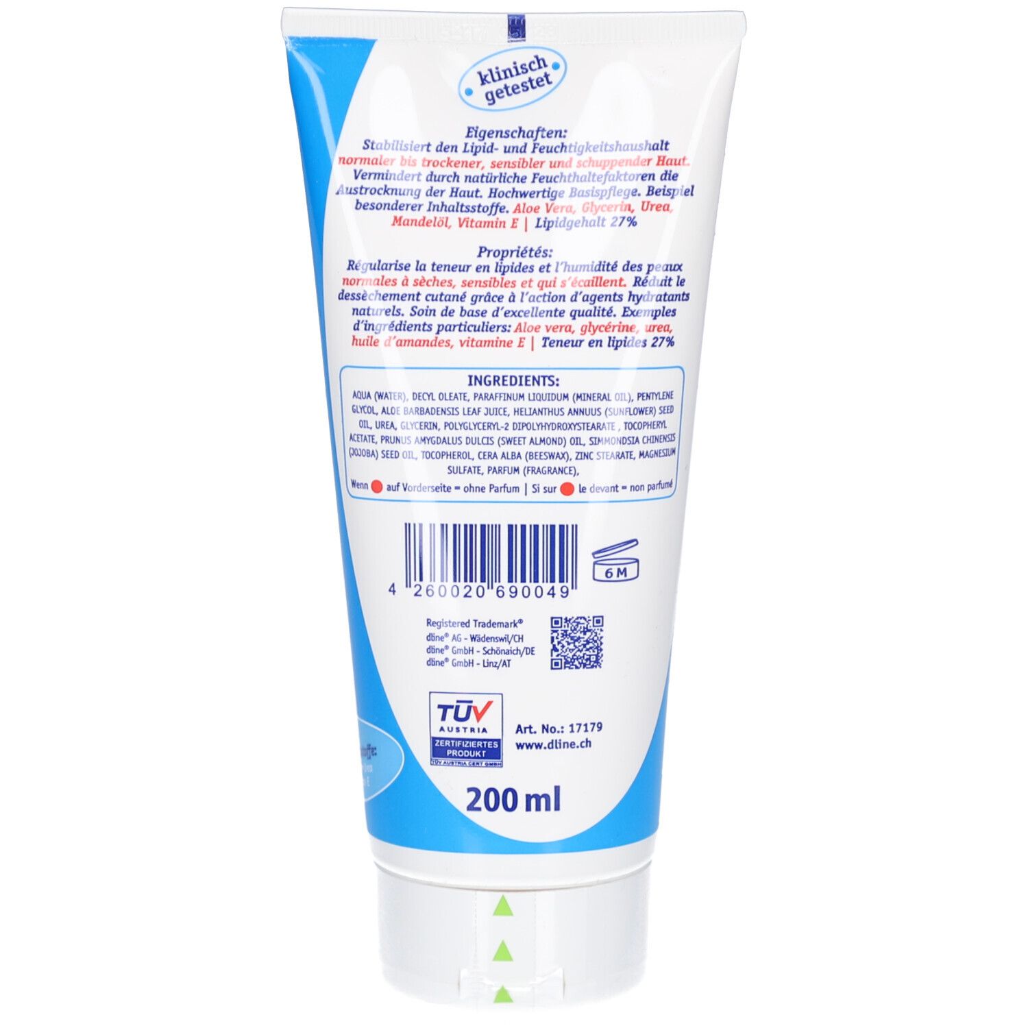 Rückseite der Tube. Text: Eigenschaften, Inhaltsstoffe, 200 ml. Barcode und Zertifizierungen. Aufschrift: dline.