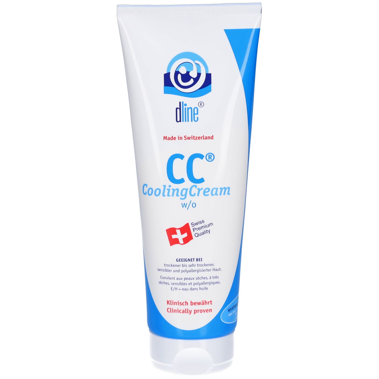 Weiße Tube mit blauem Design. Aufschrift: dline CC CoolingCream w/o. Schweizer Kreuz und Text. Klinisch bewährt.