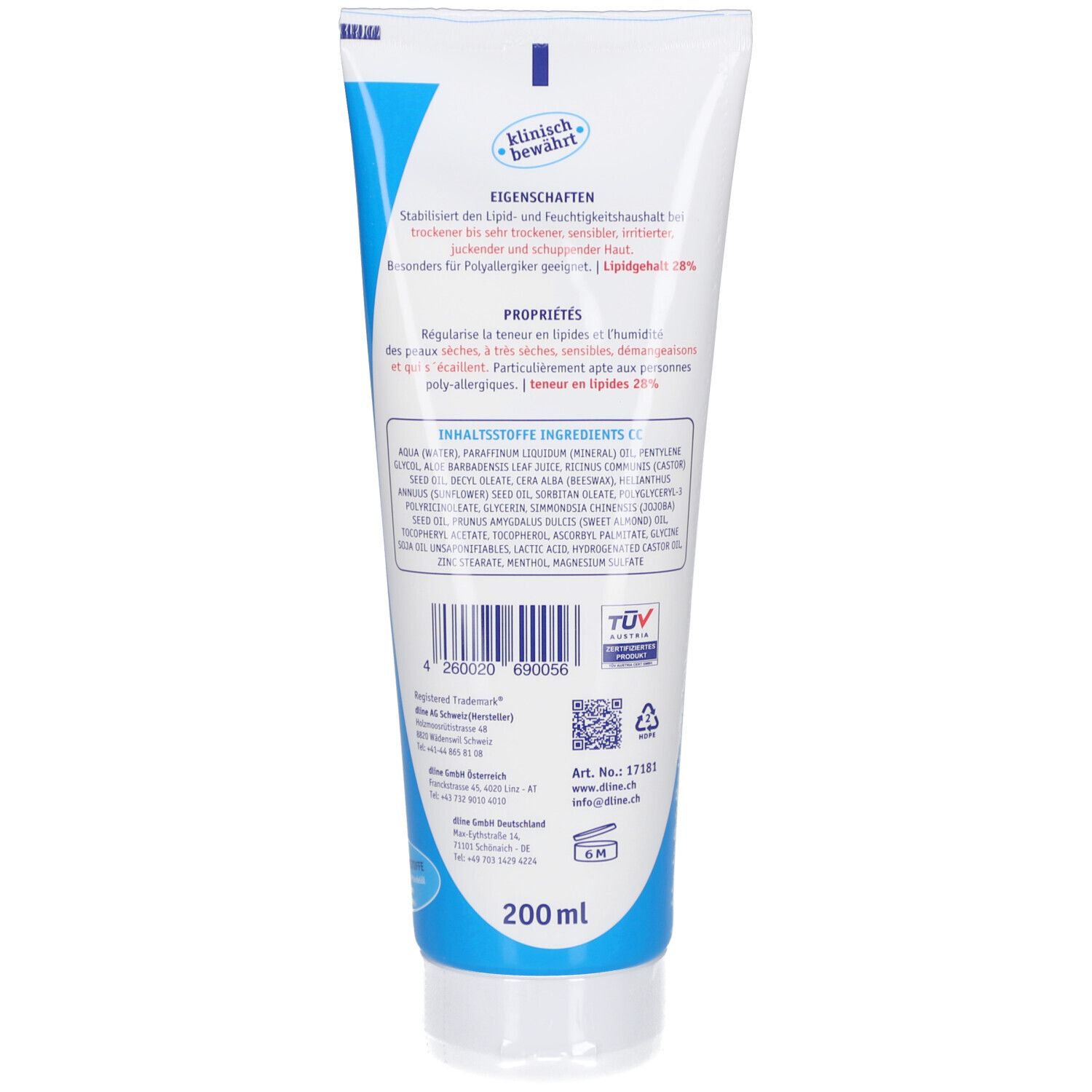 Rückseite der Tube. Text in Deutsch und Englisch. Inhaltsstoffe und Herstellerangaben. 200 ml.