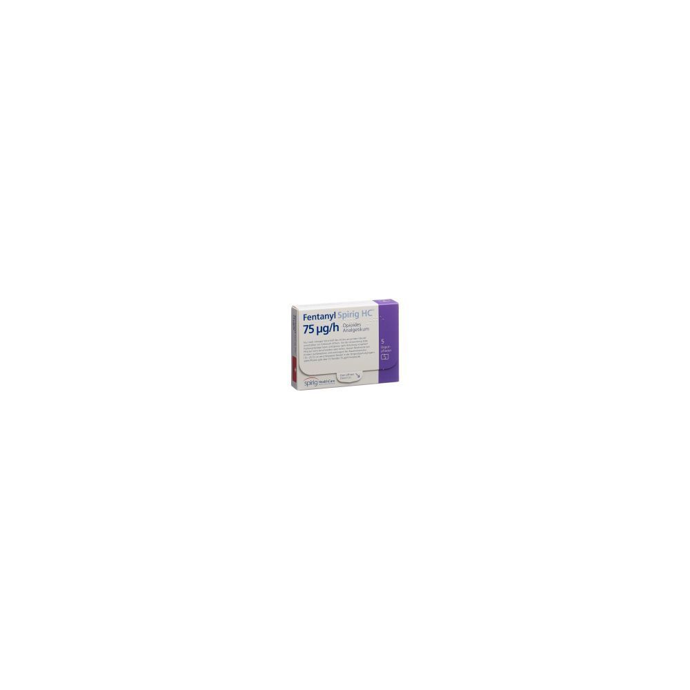 Karton Fentanyl Spirig HC. Aufdruck: 75 µg/h. Lila und weiße Verpackung. Produktname und Dosierung deutlich sichtbar.