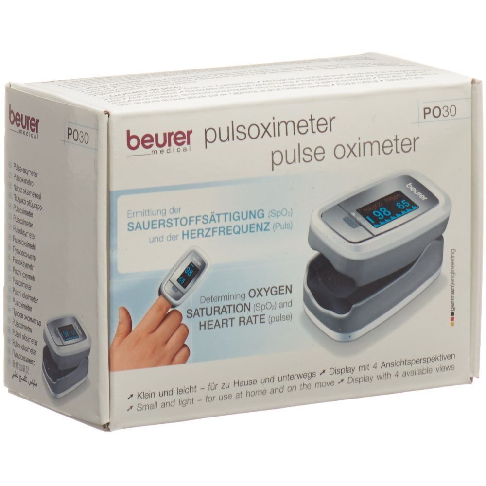 Beurer oxymètre de pouls P030 en boîte. Appareil avec écran, logement pour doigt. Mesure de la saturation en oxygène et de la fréquence cardiaque.