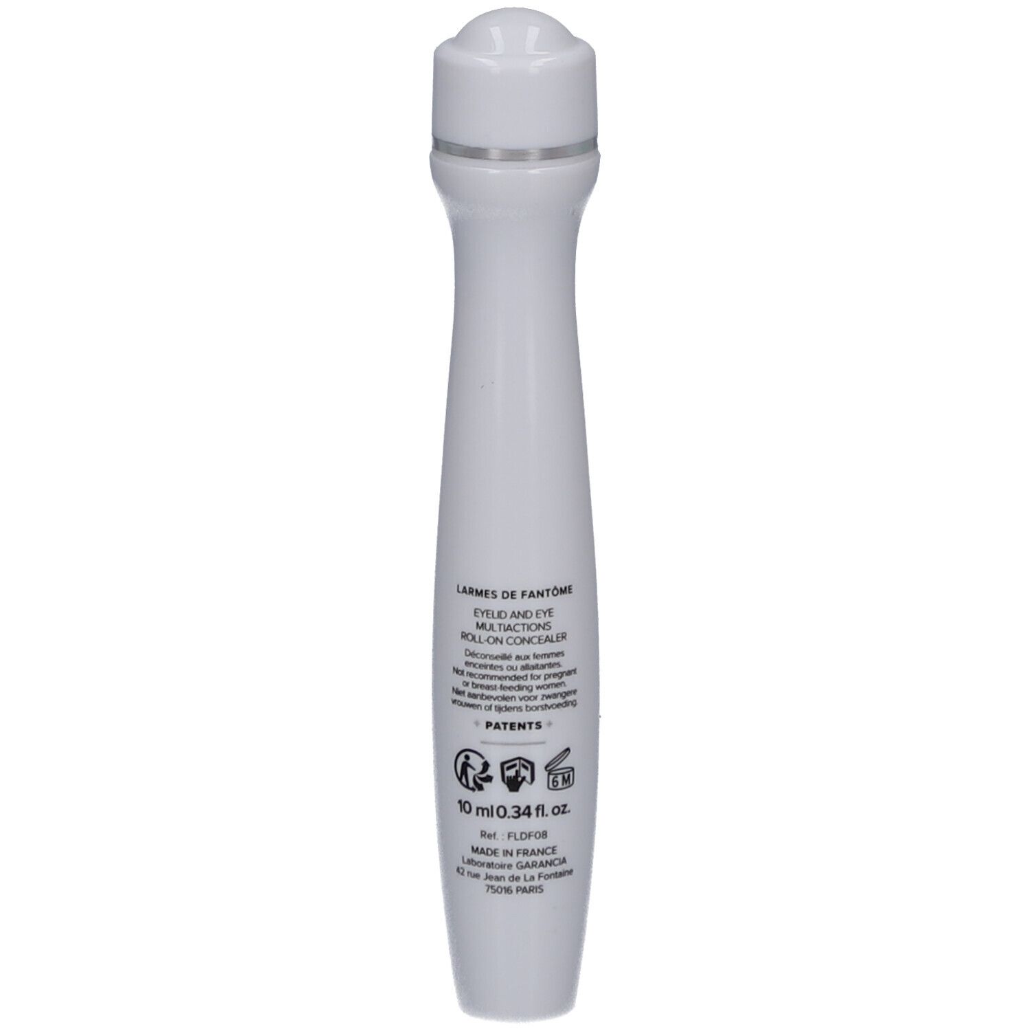 Weißer Roll-on-Augenkonturenstift. Aufschrift: LARMES de FANTÔME, 10 ml, MADE IN FRANCE.