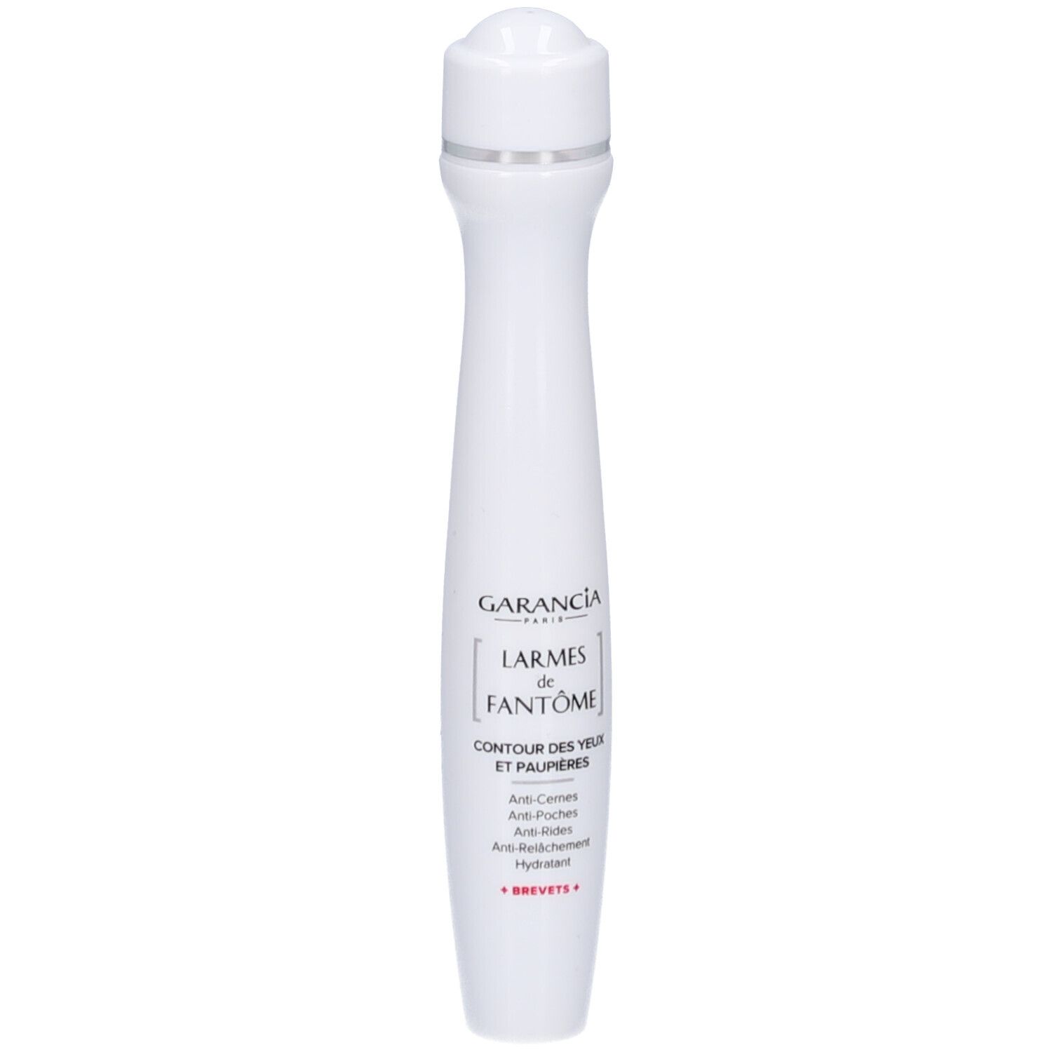 Weißer Roll-on-Augenkonturenstift. Enthält Text: GARANCIA, LARMES de FANTÔME, CONTOUR DES YEUX ET PAUPIÈRES.