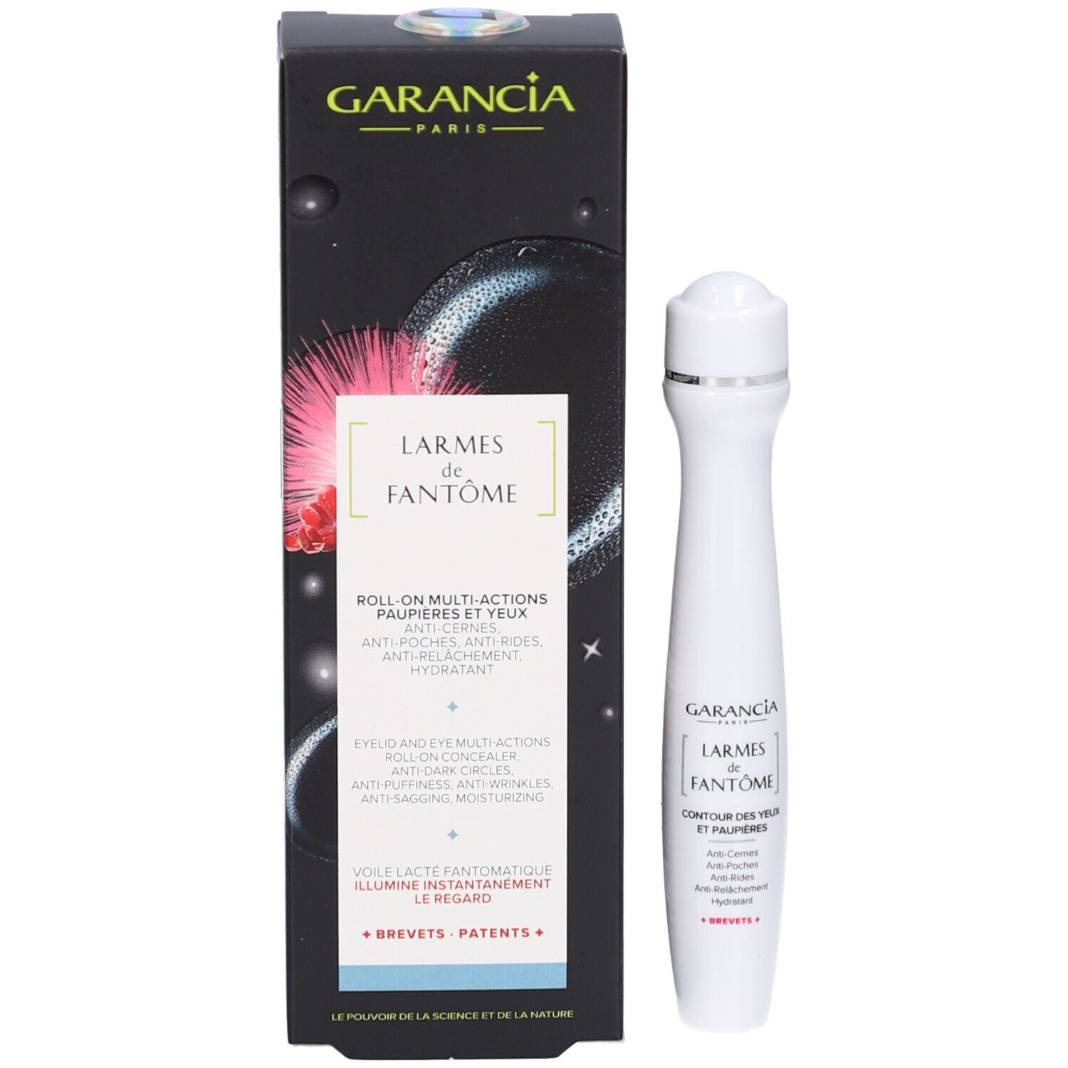 Produktverpackung und Roll-on-Augenkonturenstift. Aufschrift: GARANCIA, LARMES de FANTÔME, ROLL-ON MULTI-ACTIONS.