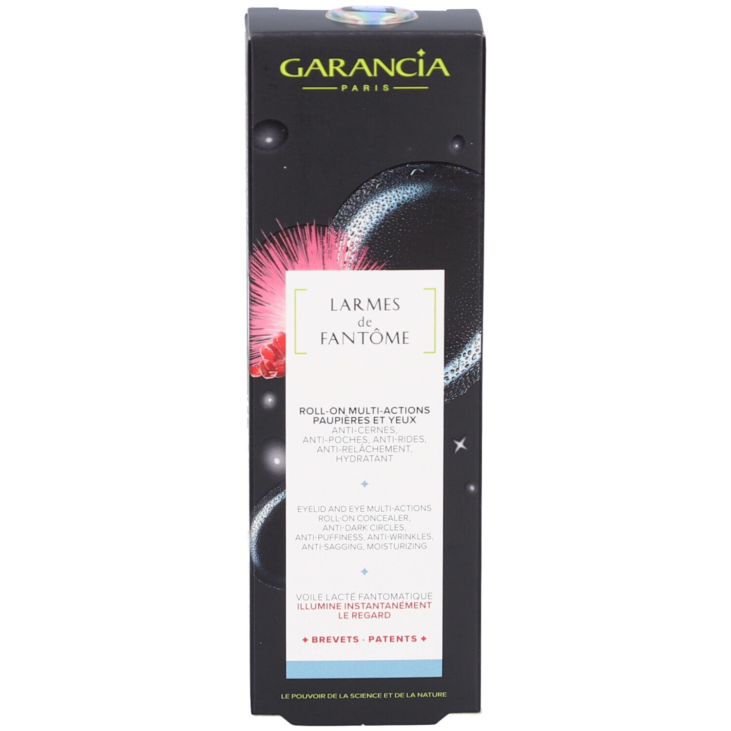 Produktverpackung und Roll-on-Augenkonturenstift. Aufschrift: GARANCIA, LARMES de FANTÔME, ROLL-ON MULTI-ACTIONS.
