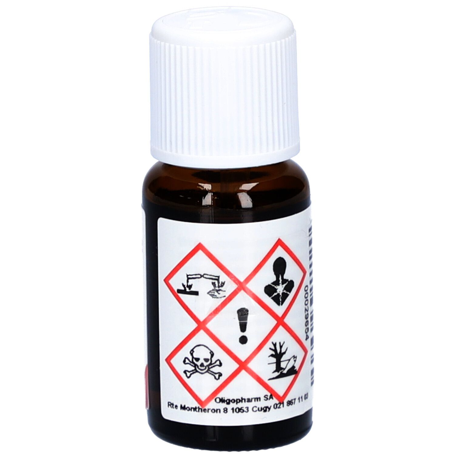 Braune Glasflasche mit weißem Deckel. Etikett mit Gefahrensymbolen. Enthält 15 ml.
