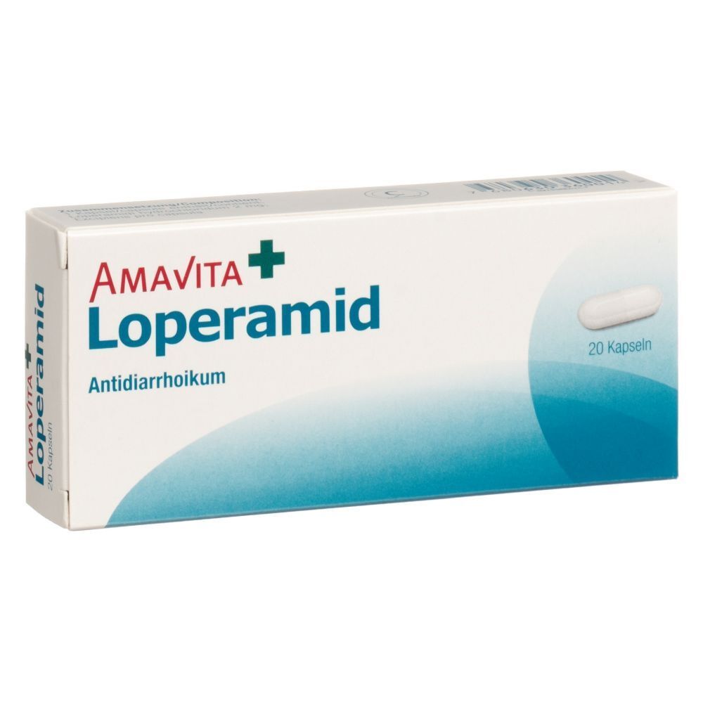 Schachtel mit AMAVITA Loperamid. Aufschrift: Antidiarrhoikum. Enthält 20 Kapseln. Eine Kapsel ist abgebildet.