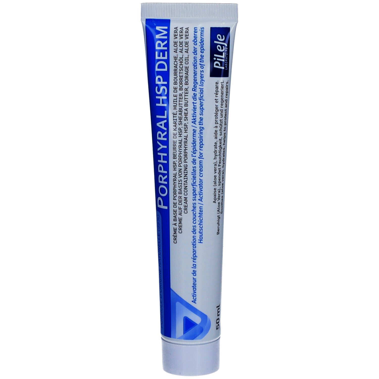 Creme-Tube Porphyral HSP Derm. Weiß-blauer Tube mit Produktnamen und Inhaltsstoffen. 50 ml.