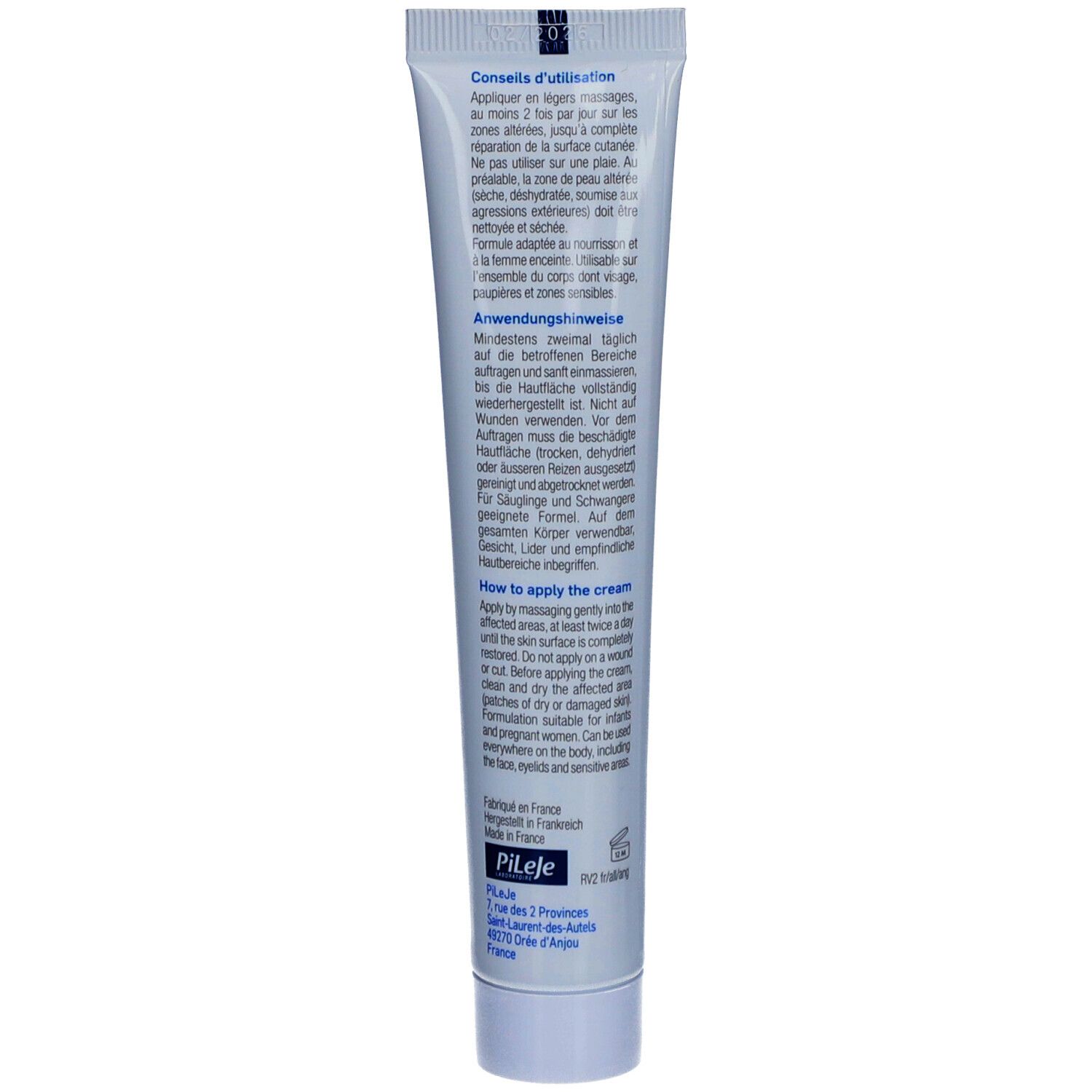 Rückseite der Creme-Tube Porphyral HSP Derm. Text mit Anwendungshinweisen in mehreren Sprachen.