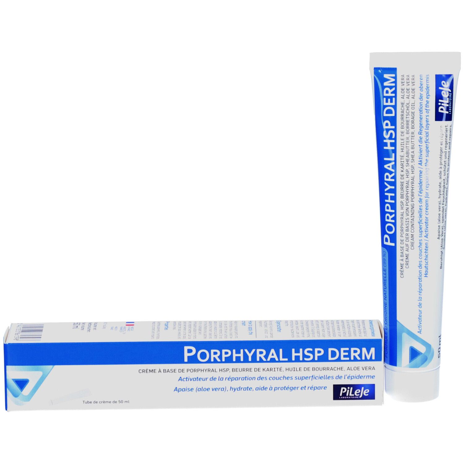 Porphyral HSP Derm Creme-Tube und Schachtel. Tube und Schachtel mit Produktnamen und Inhaltsstoffen.