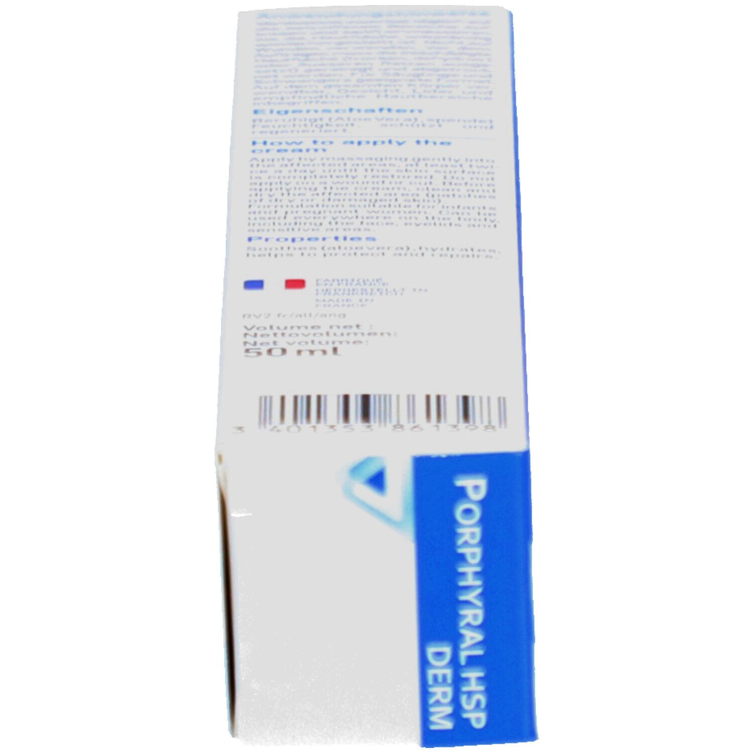 Seitenansicht der Schachtel Porphyral HSP Derm. Text mit Produktinformationen und Logo.