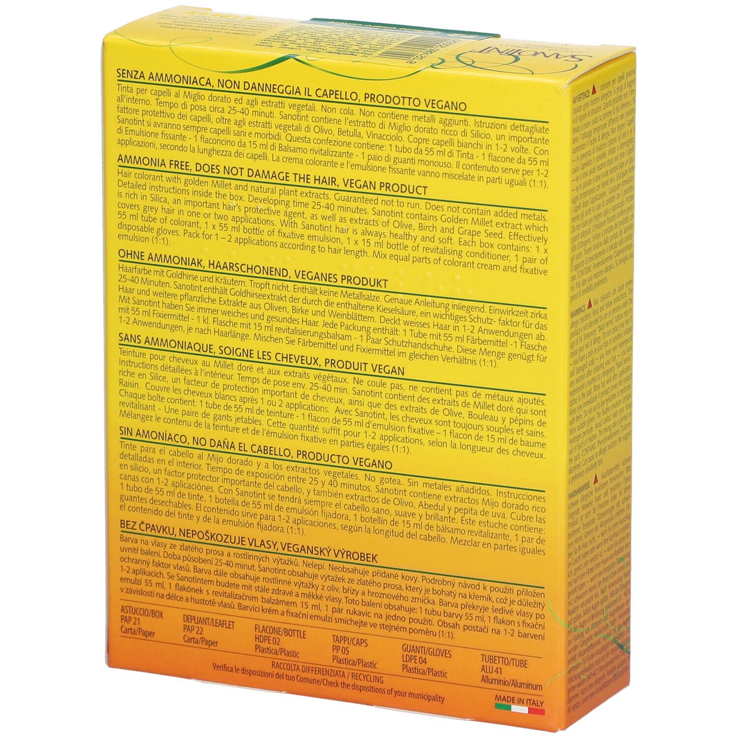 Gelbe Schachtel, SANOTINT Sensitive Haarfarbe. Text in verschiedenen Sprachen. Rückansicht.