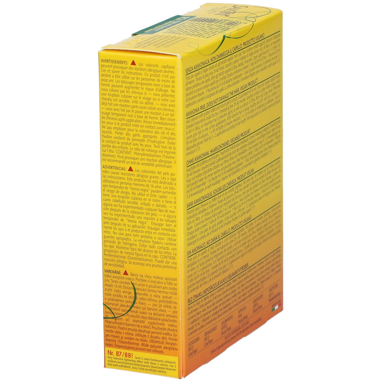 Gelbe Schachtel, SANOTINT Sensitive Haarfarbe. Text in verschiedenen Sprachen. Seitenansicht.