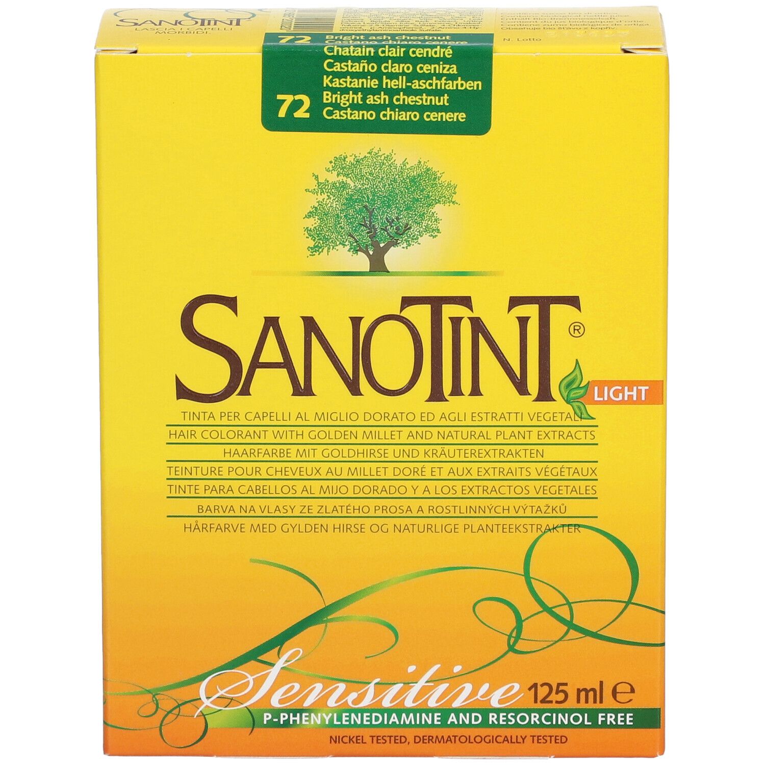Gelbe Schachtel. SANOTINT Sensitive Haarfarbe, Farbton 72 Hellkastanienbraun aschfarben. 125 ml. Mit Baum-Logo.