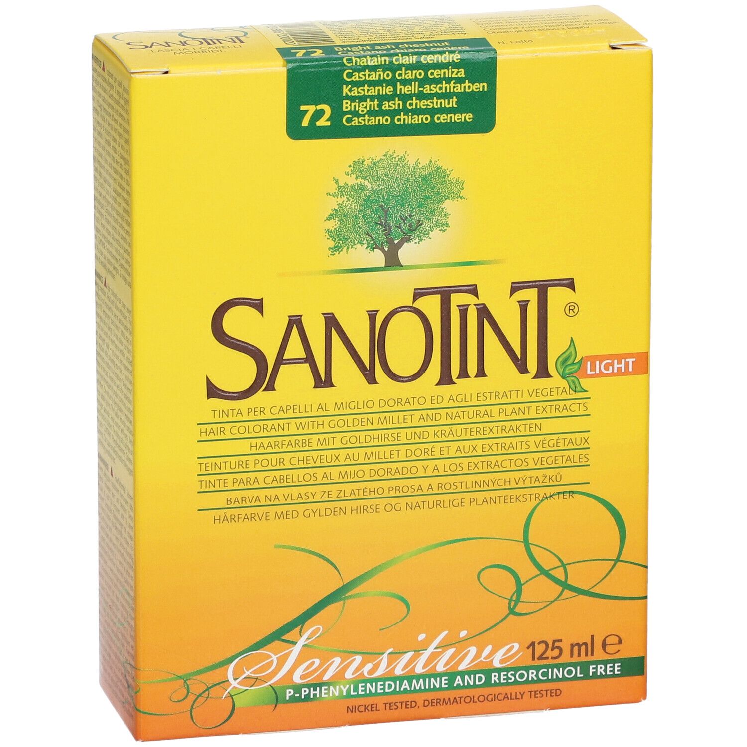 Gelbe Schachtel. SANOTINT Sensitive Haarfarbe, Farbton 72 Hellkastanienbraun aschfarben. 125 ml. Mit Baum-Logo.