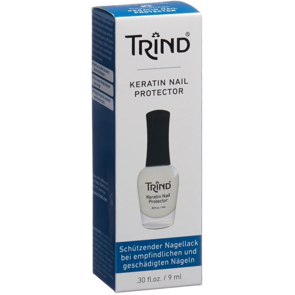 Schachtel mit TRIND Keratin Nail Protector. Flasche mit schwarzem Deckel und weißem Inhalt. Text: Keratin Nail Protector.