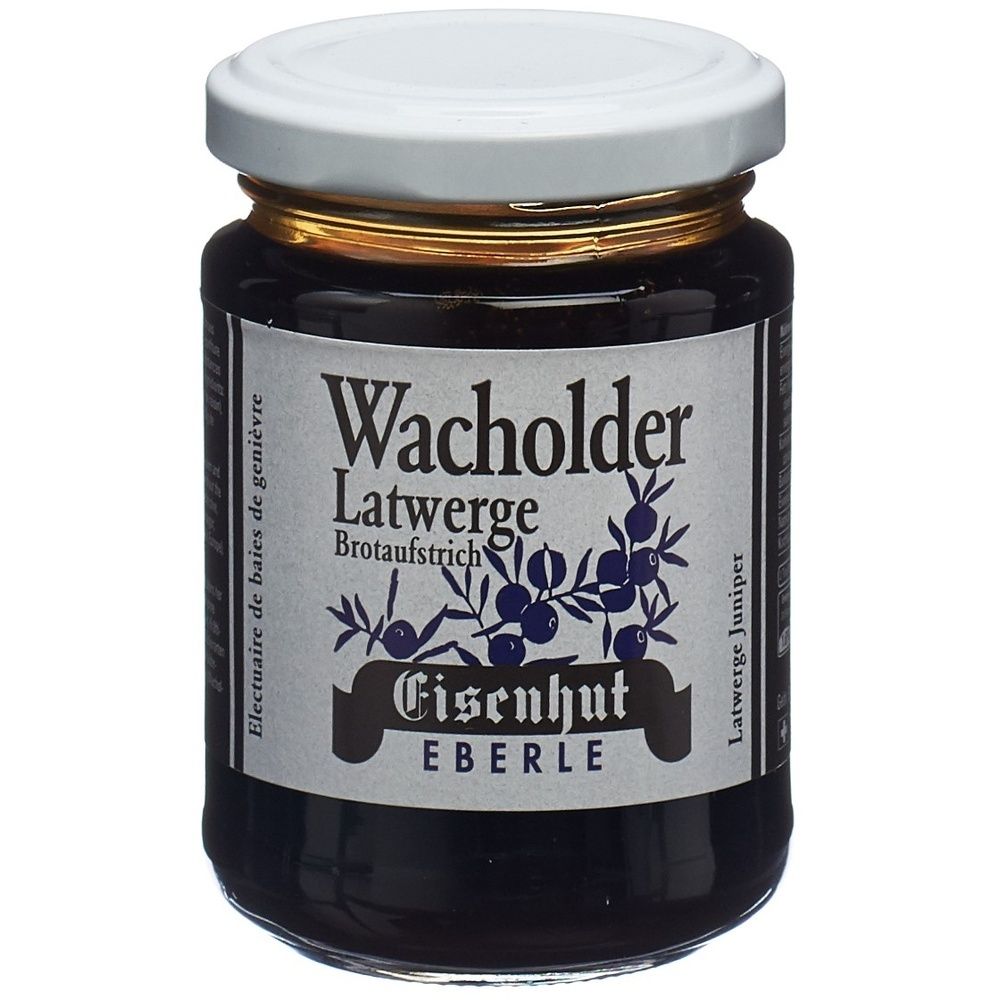 Glas mit Aufstrich. Weißer Deckel, Etikett mit Schriftzug "Wacholder Latwerge". Marke: Eisenhut Eberle.