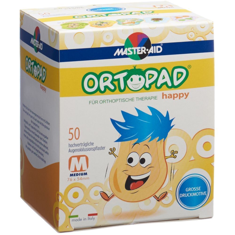Boîte de pansements occlusifs ORTOPAD happy, taille M, 50 pièces. Illustration d'un personnage souriant.