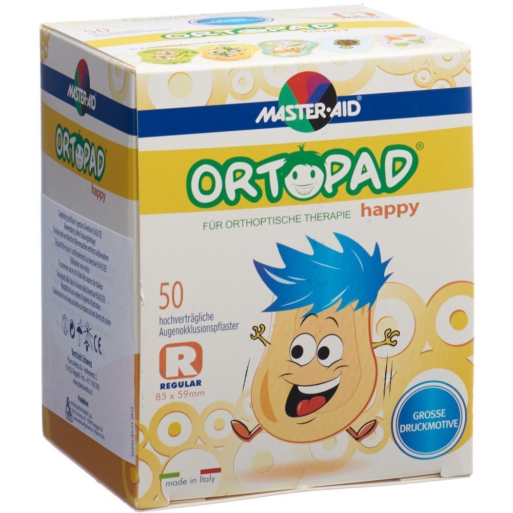 ORTHOPAD Okklusionspflaster Regular. Verpackung mit 50 Pflastern. Aufdruck: fröhliches Gesicht. Größe: 8,5 x 59 mm.