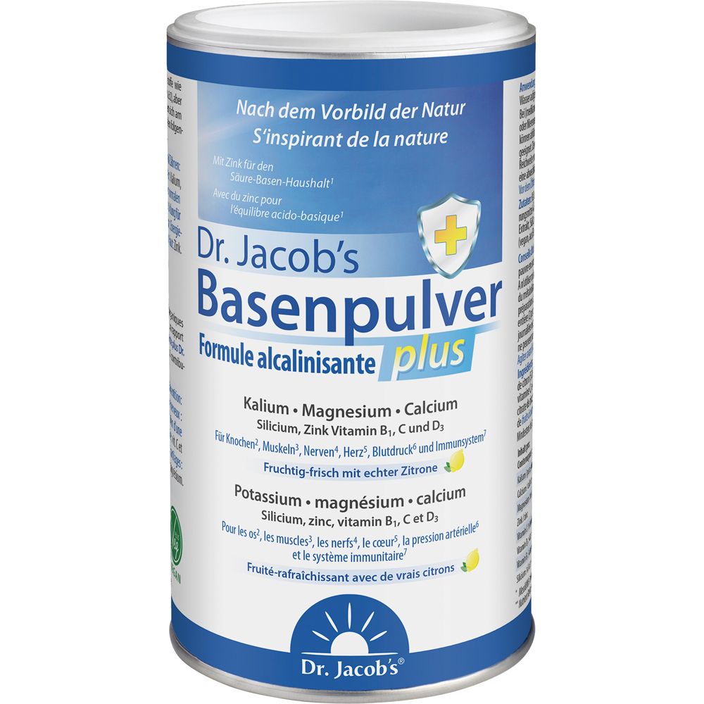 Dose Dr. Jacob's Basenpulver plus. Blaue und weiße Verpackung. Text: Basenpulver, Formule alcalinisante plus.