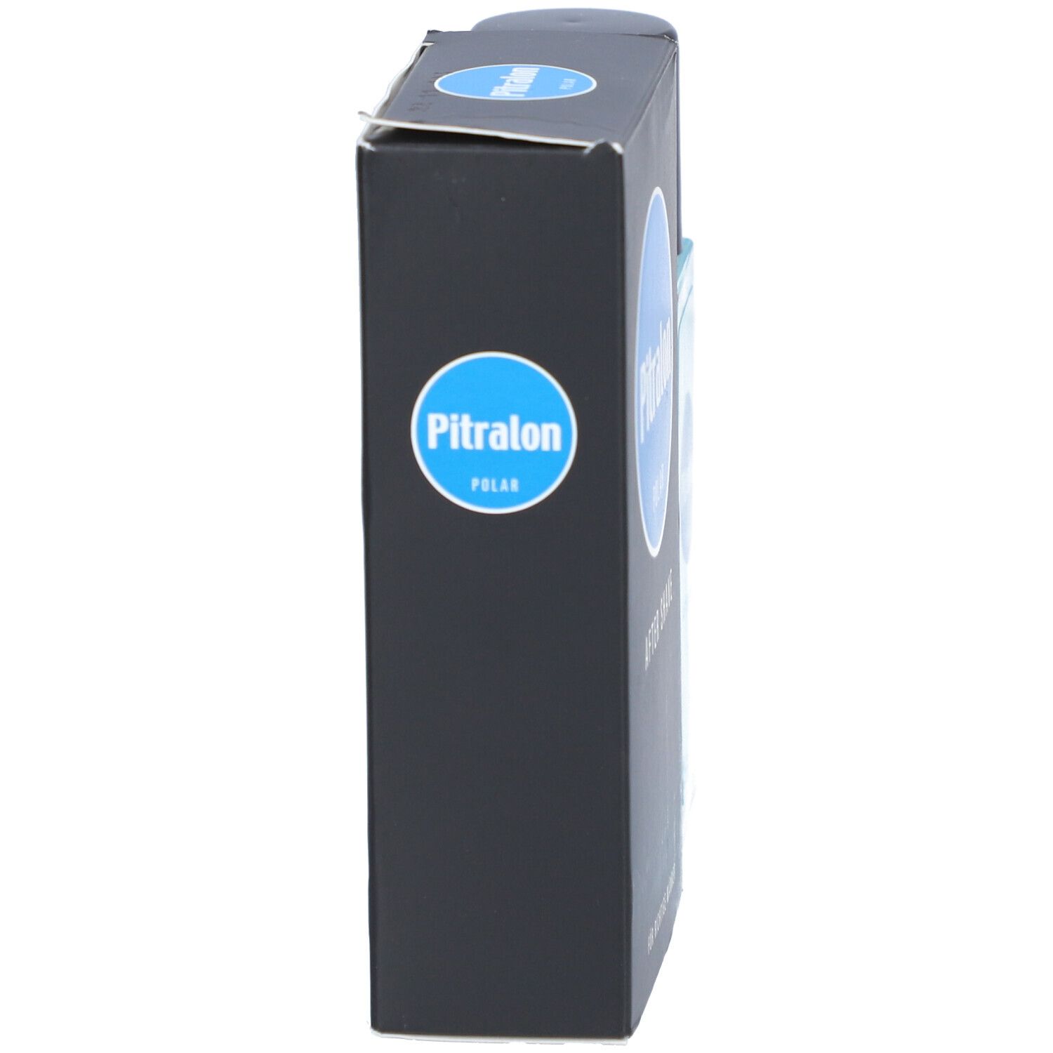Schwarze Schachtel mit blauem Logo, Seitenansicht. Oben Logo, darunter Produktname und Schriftzug.