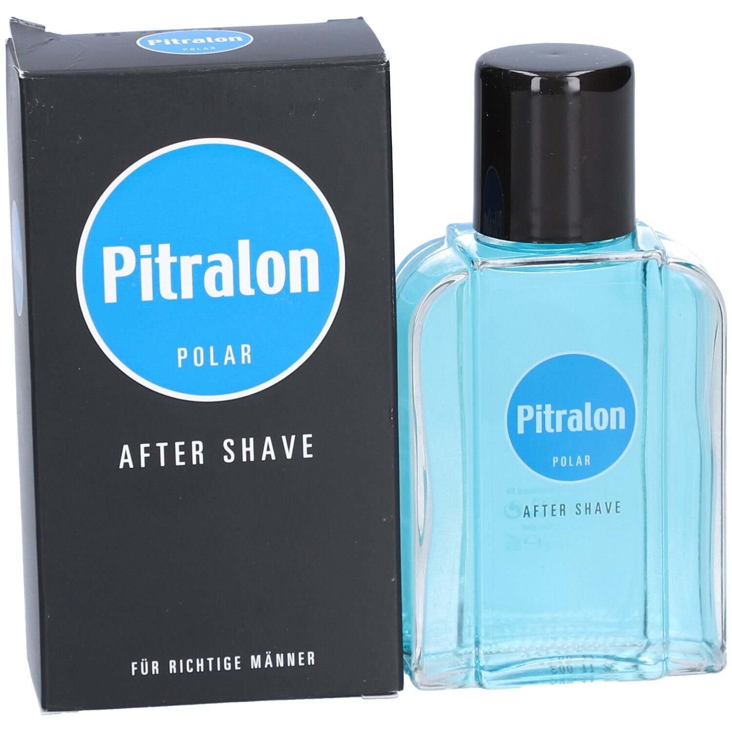 Flakon mit blauer Flüssigkeit und schwarzem Verschluss, neben schwarzer Schachtel mit blauem Logo.